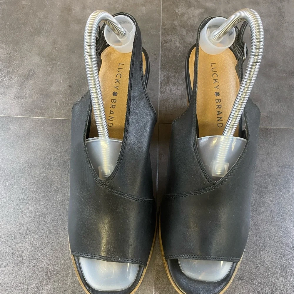 Lucky Brand Black Leather Block Heal Open Toe Sandal Size 10 - Picture 6 of 10